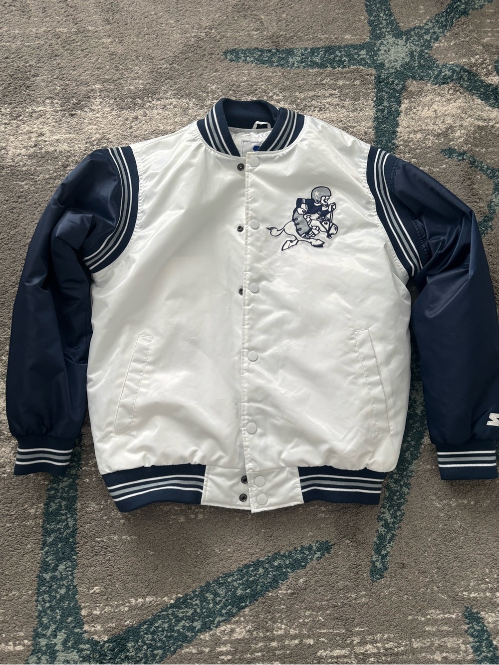 STARTER White and Navy Varsity Bomber Jacket